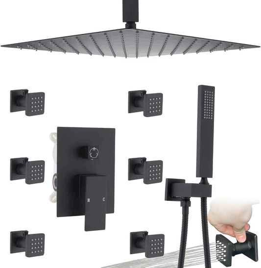 (NEW) Rain Shower Jet System Body Spray with On-Off Switch,  Matte Black 12Inch Ceiling Shower Faucet